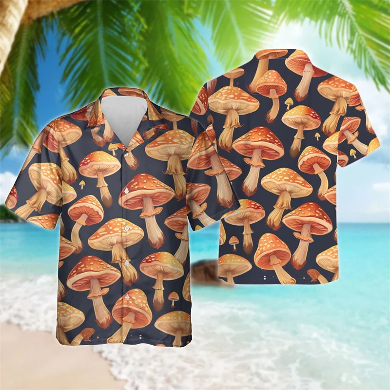 thumbnail image 1 of Camisa hawaiana con estampado 3D de hongos mágicos para hombre, camisas de playa con patrón colorido, blusas casuales de verano de manga corta, blusas cómodas, 1 of 5