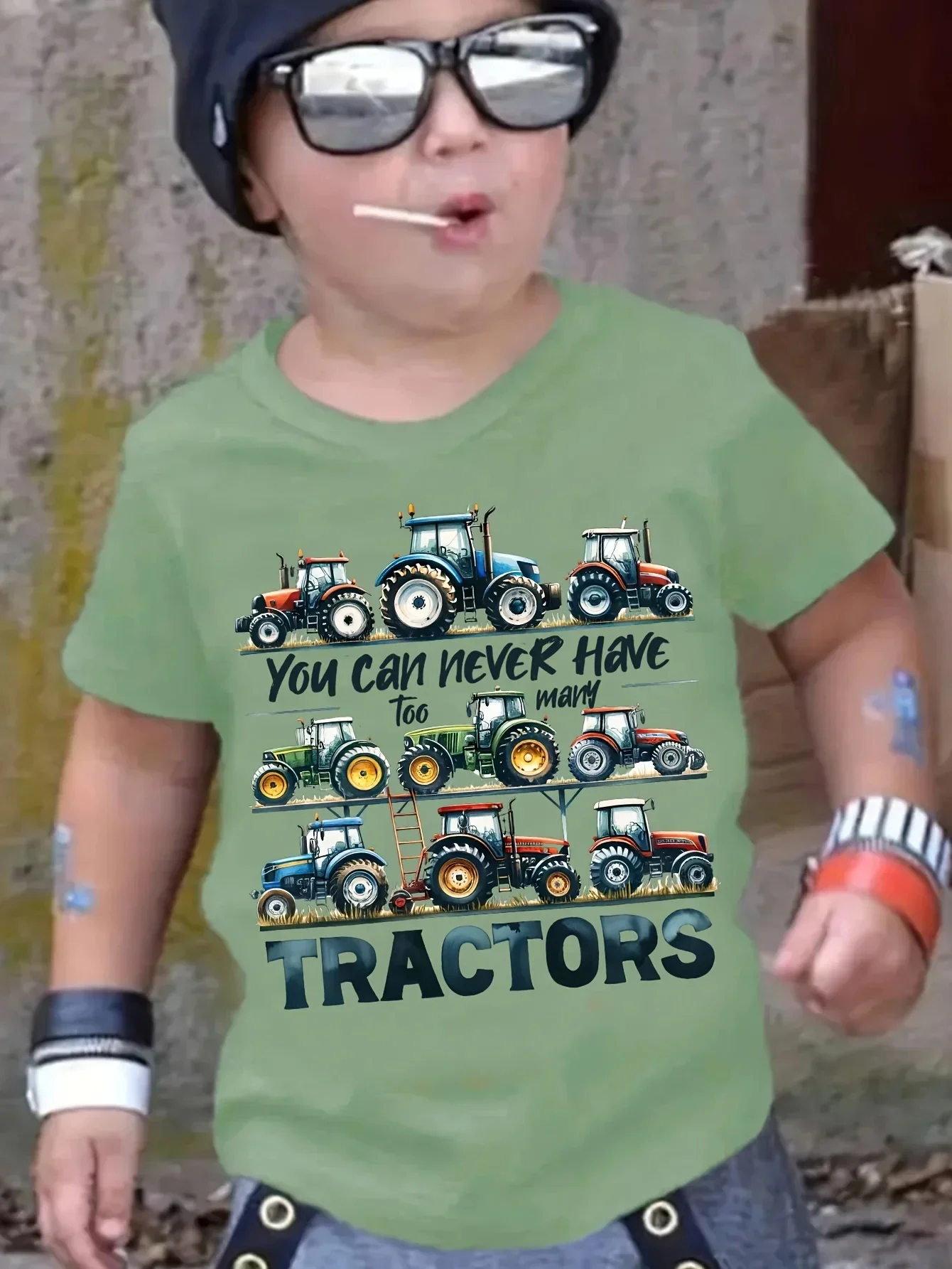 Summer Tractor Print Pattern Boys Girls Short Sleeved Children's T-shirt Round Neck Breathable Comfortable Casual T-shirt 3