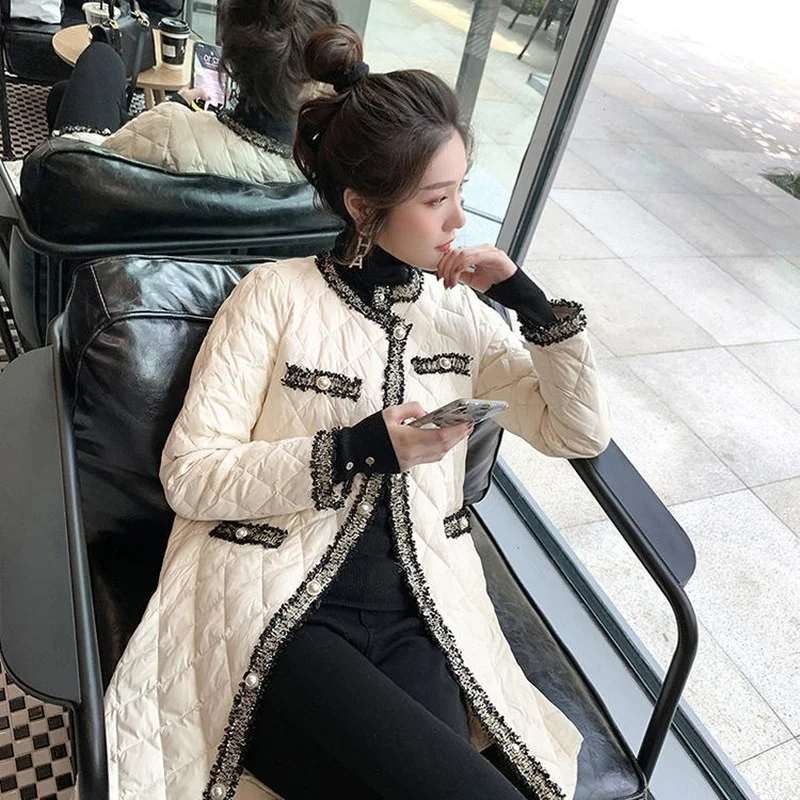 Elegant O Neck Button Lightweight Women Long Warm Outerwear Tassels Patchwork Female Black Padded Jacket 2023 Winter Wadded Coat