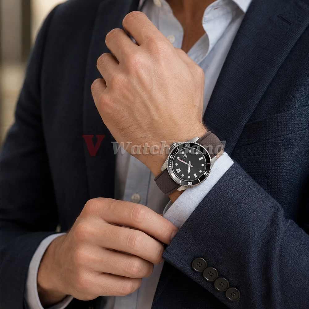 Elegant FKM Rubber Watch Strap with Curved Ends and Quick Release in Multiple Sizes (18-24mm)