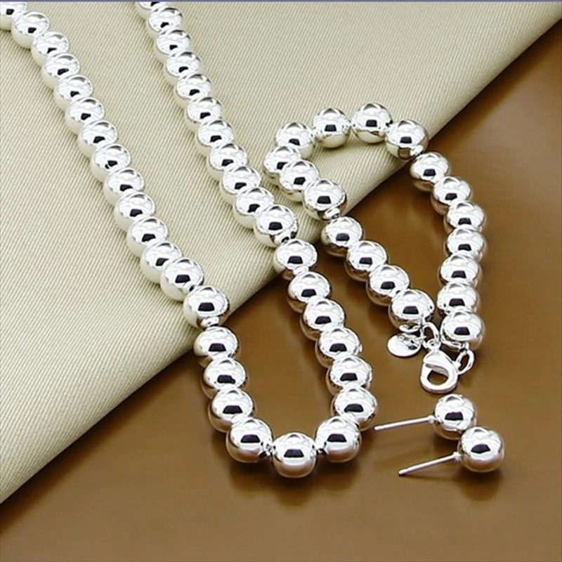SAIYE 925 Sterling Silver Fashion Jewelry 10mm Smooth Round Beads Necklace Bracelet Earring Jewelry Sets For Women Top Quality
