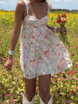 Women V-Neck Maxi Dress Sleeveless Ruffle Floral Print Boho Beach Dress Summer Casual Long Dress with Pockets 2