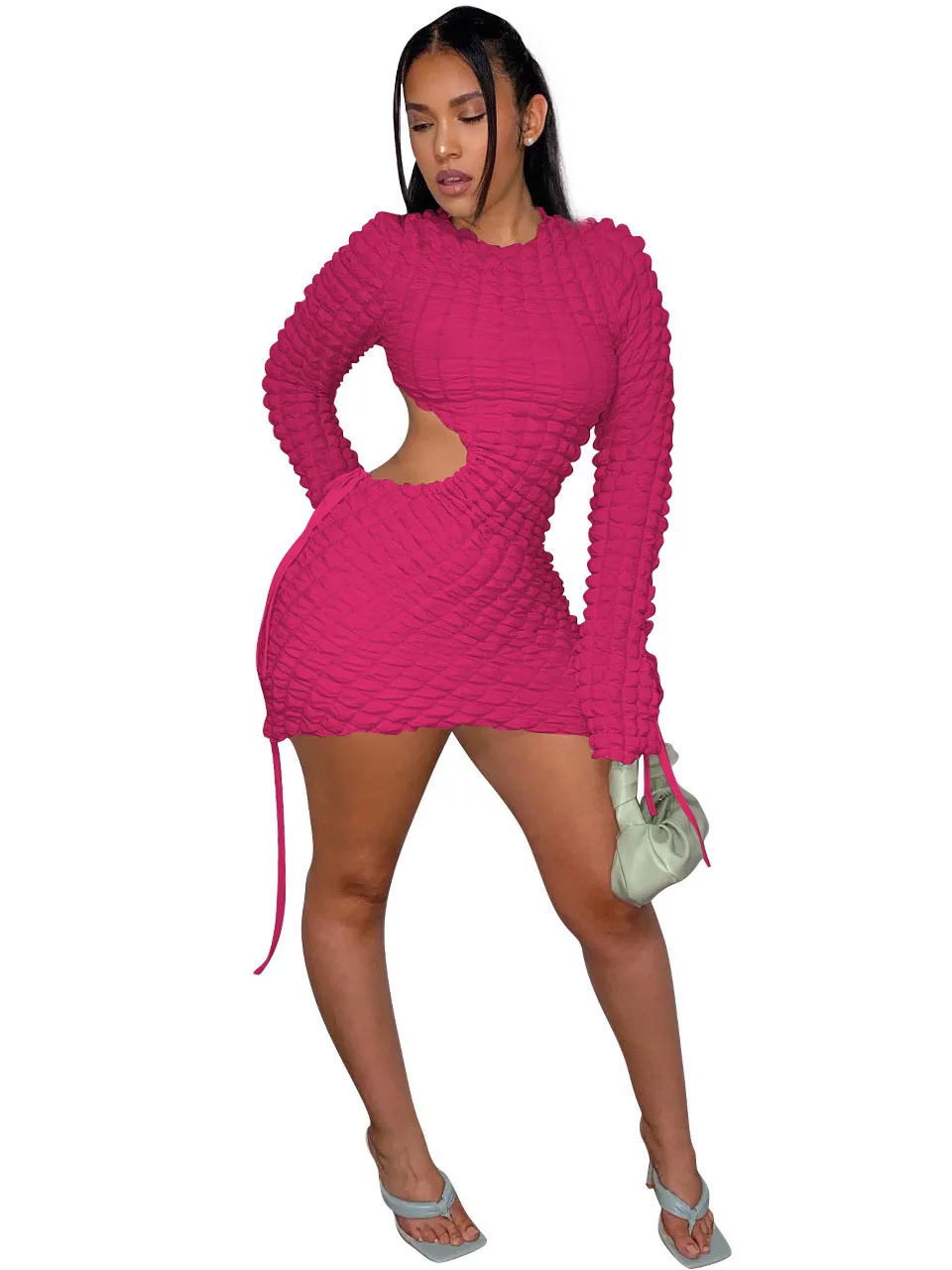 Szkzk Sexy Hollow Out Dresses For Women 2022 Long Sleeve O Collar Drawstring Night Club Wear