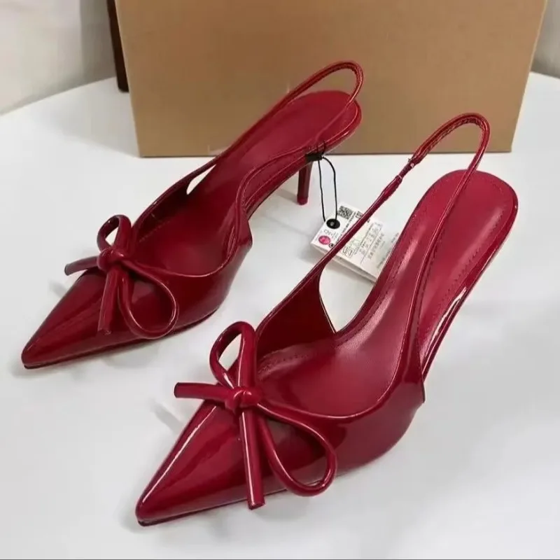 Red Bow Slingbacks High Heels for Woman Sexy Pointed Toe Patent Leather High Heels 2025 Autumn Elegant Woman Heeled Shoes 3