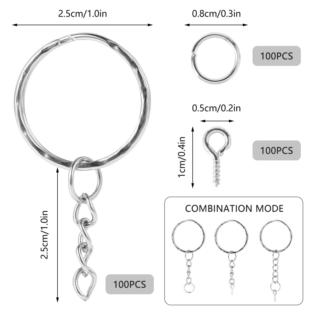 Keychain Rings Metal Blank Keyring Split Key Ring with 100Pcs Jump Rings & 100Pcs Screw Eye Pins for Organizing Keys Jewelry