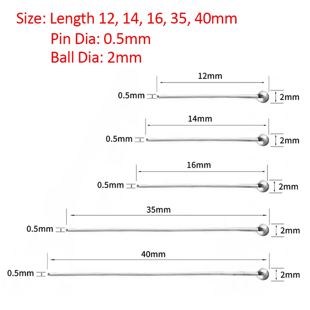PH PandaHall Lot de 200 épingles à tête droite en acier inoxydable 304, 40 mm, épingles à tête sphérique droites en acier inoxydable doré de 0,7 mm pour fabrication de bijoux