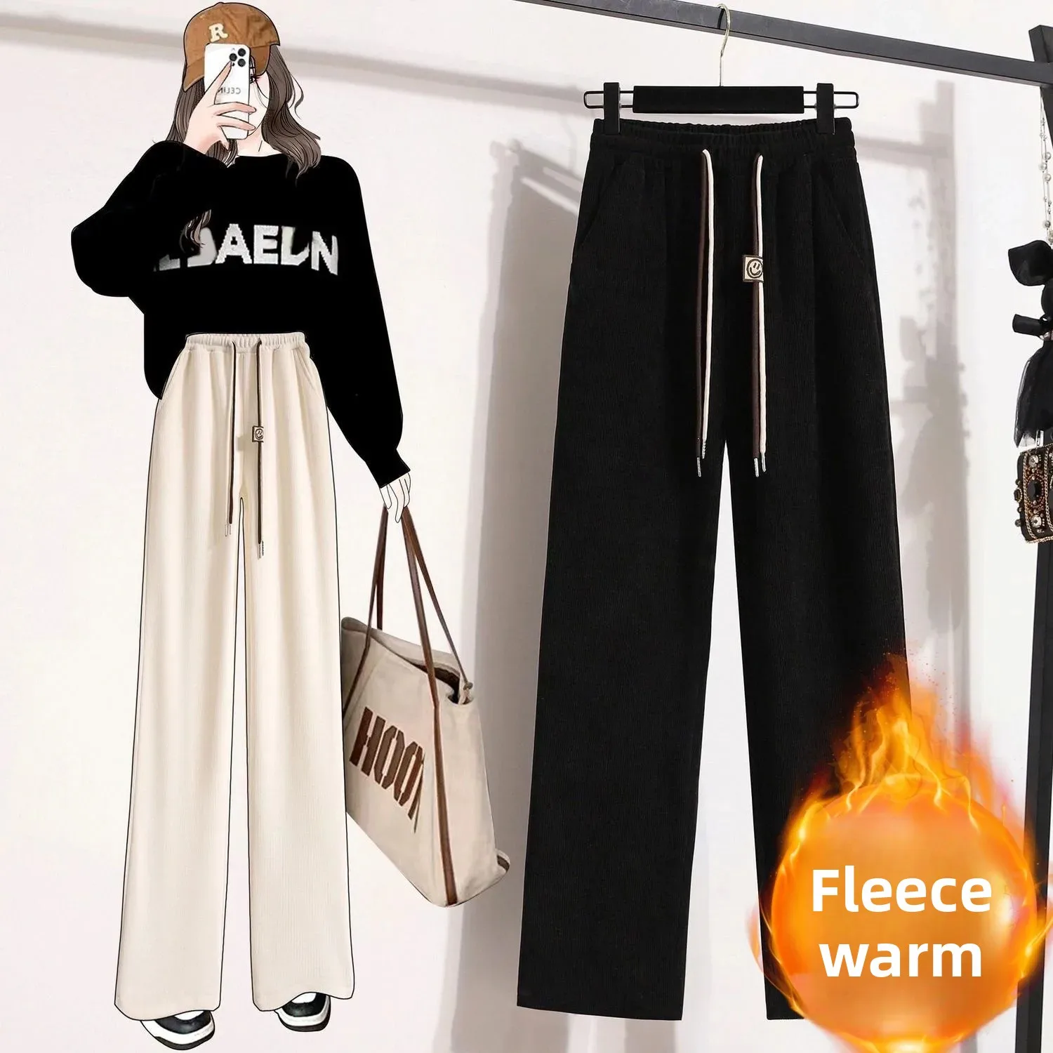خريف شتاء سميكة الصوف بنطال ذو قصة أرجل واسعة المر...
