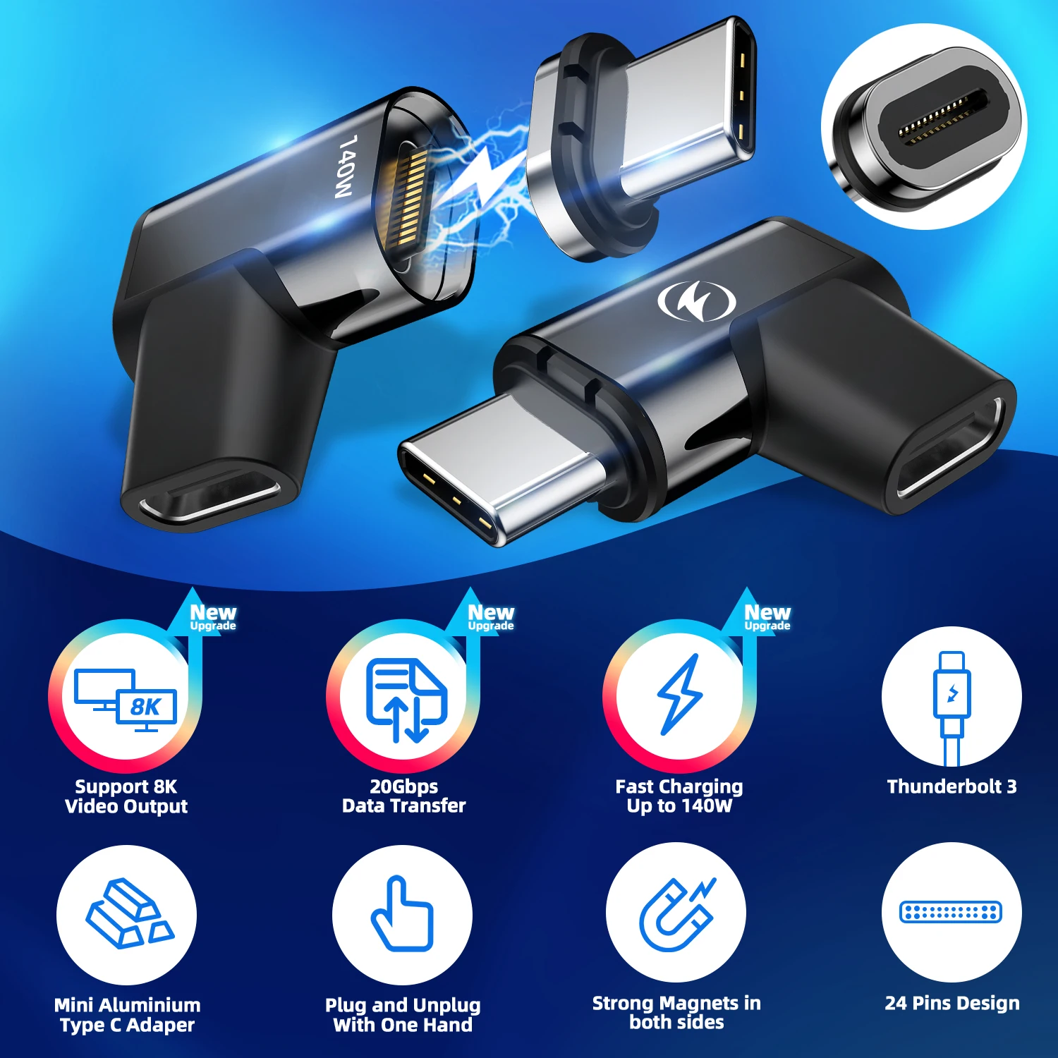Fonken-Usb c형 마그네틱 케이블 커넥터, 8K @ 60Hz 140W 40Gbps USB c형 고속 충전 데이터 전송 OTG 어댑터 USB4.0