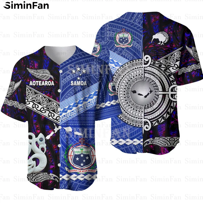 

Samoa New Zealand Blue 3D Full Printed Baseball Jersey Shirt Men Summer Collarless Camisa Femal Tee Top Unisex Hawaiian Tshirt