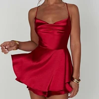 Women Satin Spaghetti Strap Mini Dress Vintage Sleeveless Backless Lace-up A-line Short Dress Sexy Party Club Dress Product Bullets 4