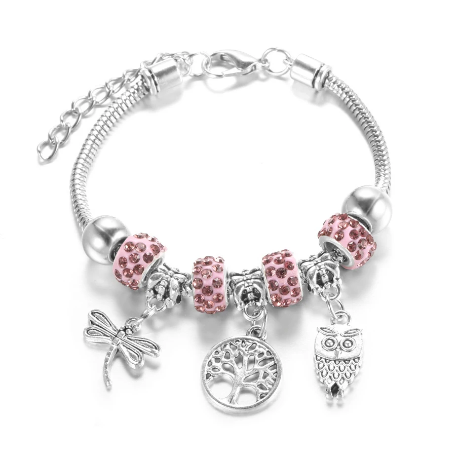 Charm Tree of Life Pendant Beaded Rhinestone Bangle Lobster Buckle Adjustable Snake Chain 5 Color Dragonfly Owl Bracelet Jewelry