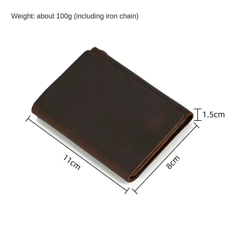 Men Genuine Leather Short Wallet with Chain Zipper Clutch Wallets Male Short Trifold Purse Card Holder Change Coin Purse 6