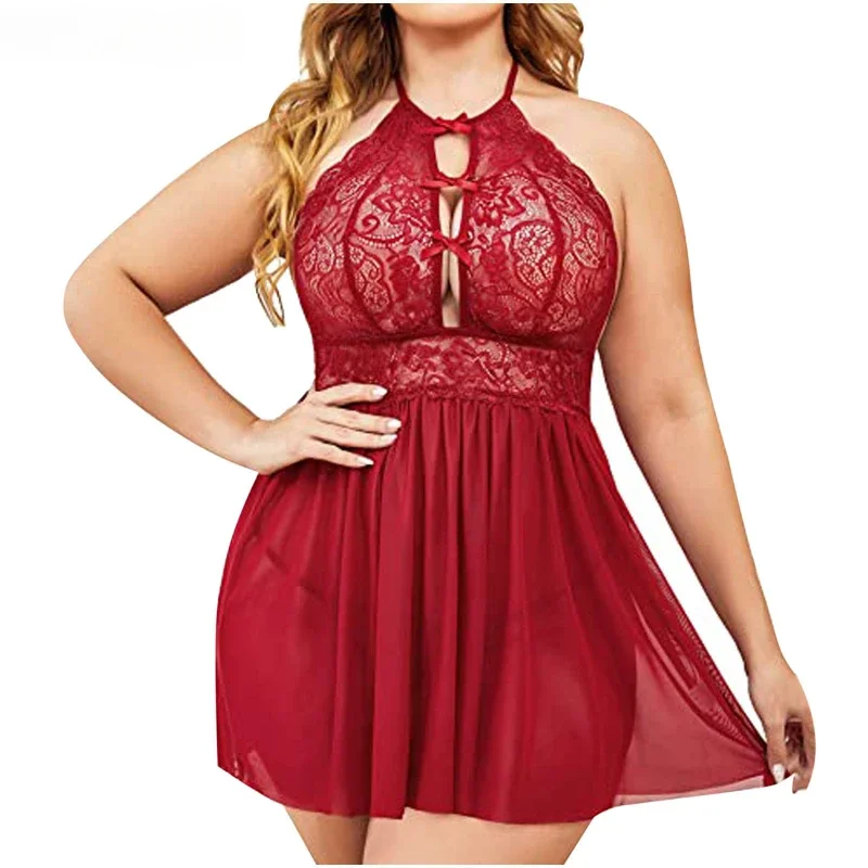 Lace babydoll with flowing mini skirt, halter neck, and romantic red styling