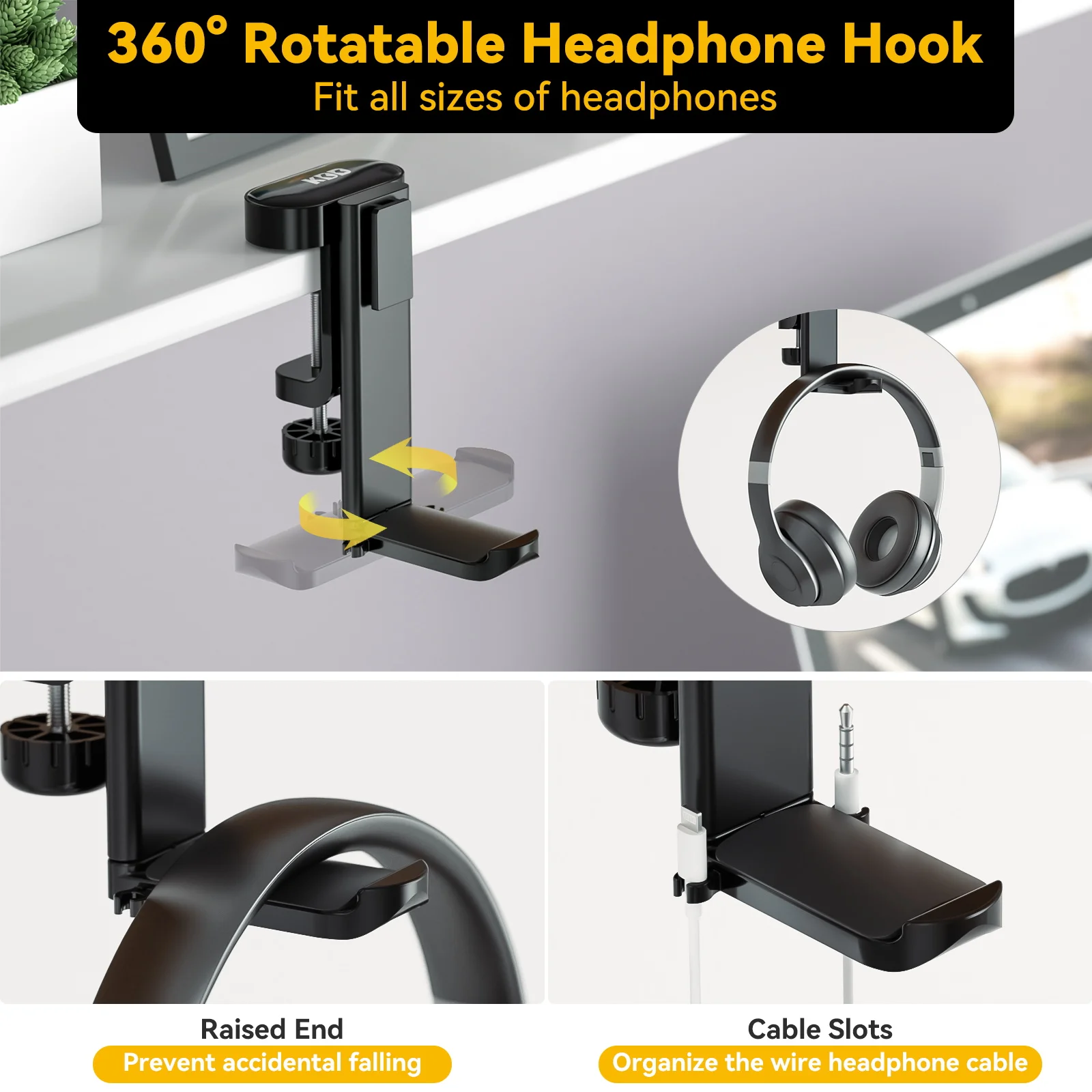 4 in 1 Desk Headphone Hanger Clamp on Under Desk Cup Holder Rotating Headphone Holder Detachable Pen Cup Holder Desk Storage