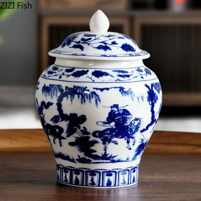 Blue and White Porcelain General Jar Tea Canister Sealed Ceramic Storage Jar with Lid Desk Decoration Candy Pots Tea Caddy tea canister