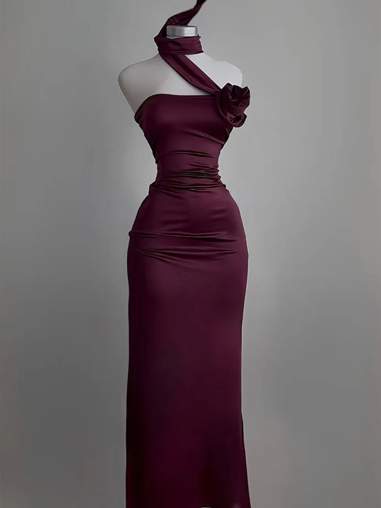 New Women's Sleeveless Bandeau Backless Solid Color Dress Summer Fashion Streamer Halterneck Long Skirt Party Evening Dress