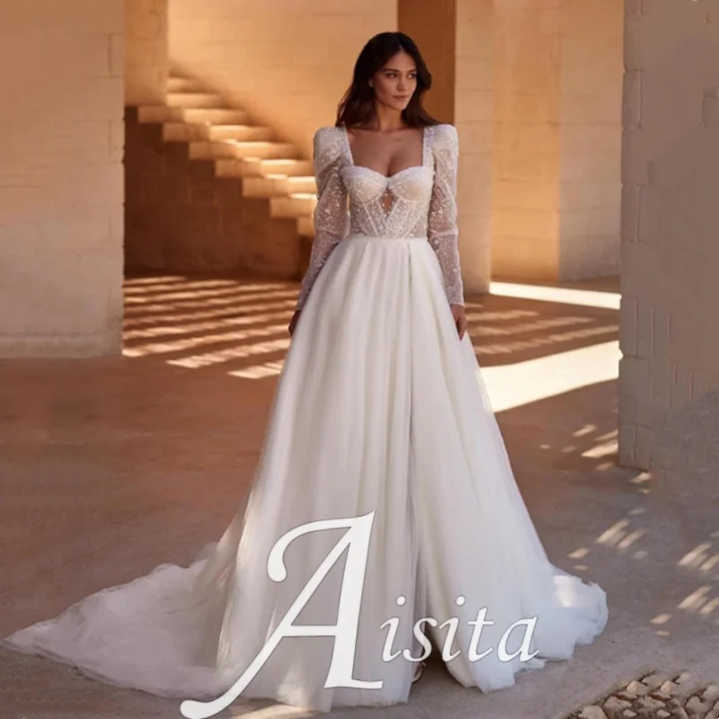 

2024 Wedding DressesSweetheart Backless Sexy Simple For Women Bridal Gowns Boho Tulle Long Sleeve Robe A-Line Vestidos Dev Novia
