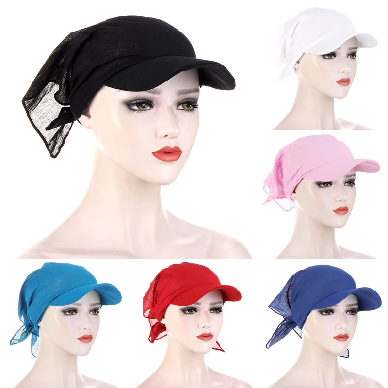 

Fashion Women Brim Cap Sun Visor with Pre-Tied Turban Caps Head Scarf Windproof Bandana Solid Color Headscarf Beach Outdoor Hat