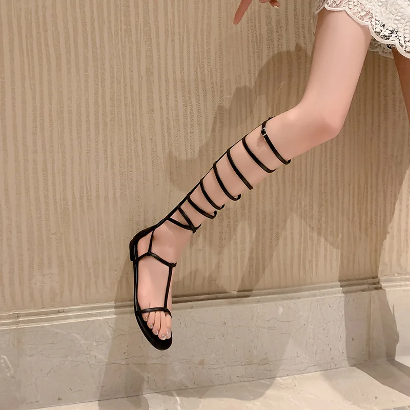 

Long One Line Roman Sandals Women Summer Round Head Open Toe Flat Sandalias Silver Solid Color Back Zipper Beach Shoes Party
