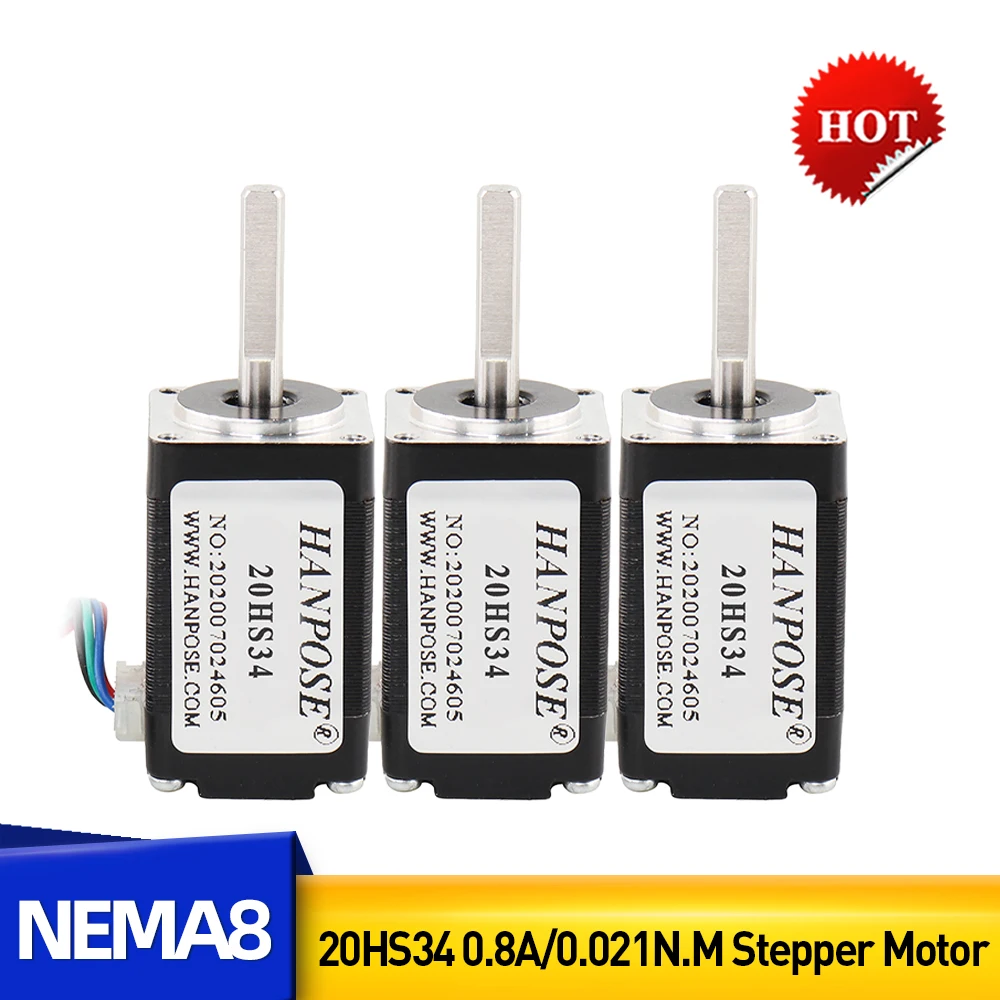 

3 шт., шаговый мини-мотор Nema8 34 мм 21mN.m 0.8A 1,8 градусов 20HS3 4, шаговый двигатель для нового фрезерного станка с ЧПУ и 3D-принтера