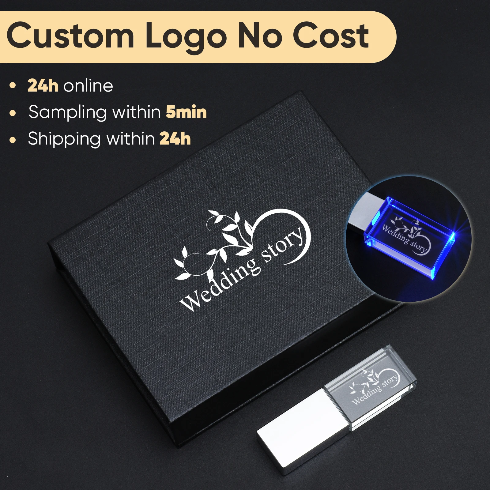 새로운 크리스탈 USB 플래시 드라이브 LED 라이트 펜 드라이브 128GB 64GB 32GB 무료 맞춤형 로고 메모리 스틱 블랙 박스 U 디스크 16GB 8GB 4GB