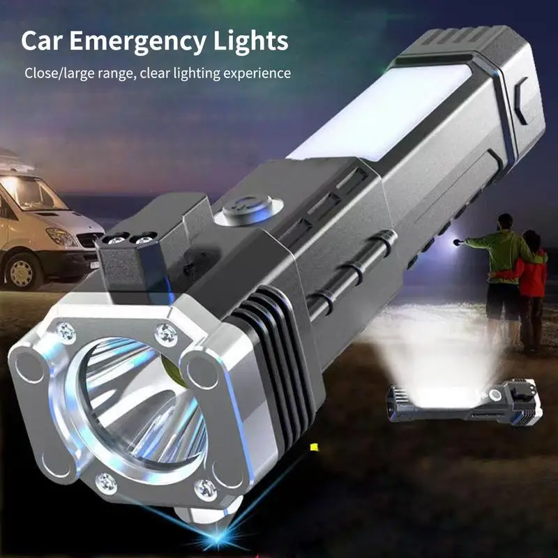 

Multifunctional Safety Hammer Seat Belt Cutter Glass Breaker Rescue Tool LED High Lumens Rechargeable Solar Powered Escape Kit