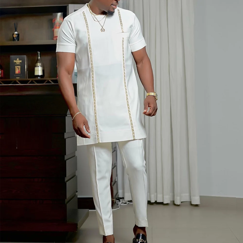 Summer New African Men's Short Sleeve Suit Solid Color Stitching Shirt and Casual Pants 2 Piece Set Party Marriage Men's Set