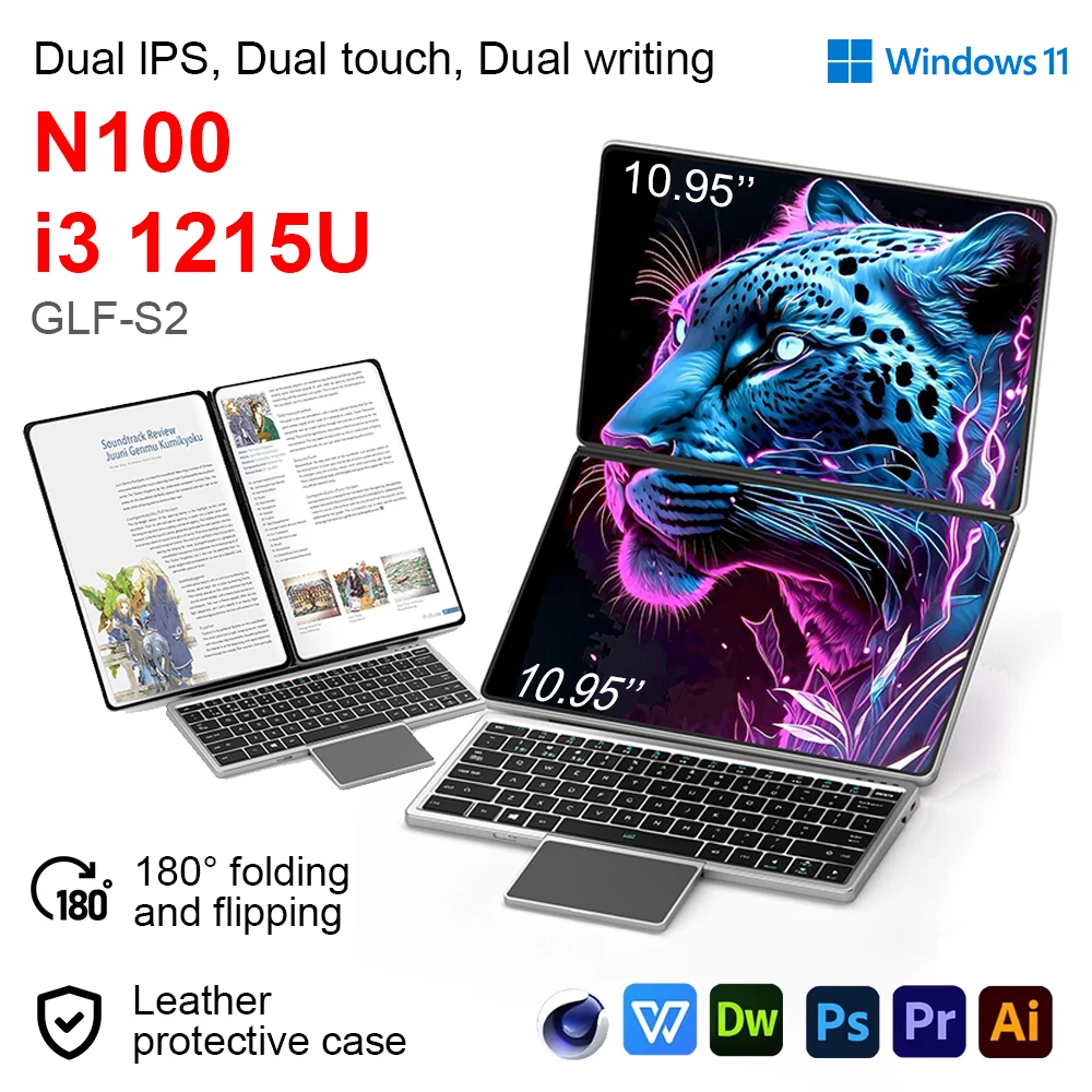 GLF-S2 double écran ordinateur portable 10.9 + 10.95 pouces Windows 11 écran tactile ordinateur portable Intel i3 1215U N100 WIFI 6 ordinateur portable tablette ordinateur