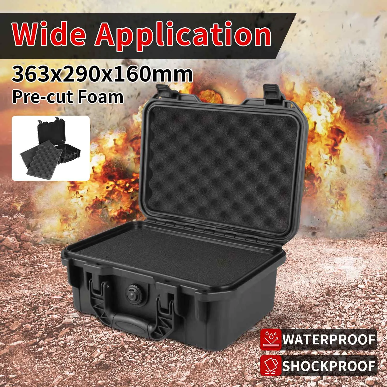 363x290x160mm Plastic Safety Equipment Case Waterproof Hard Carry Tool Box Shockproof Storage Box with Sponge for Tools Camera