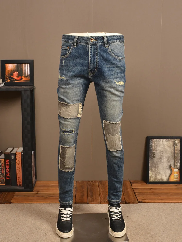 Retro Make Old Ripped Jeans Men\'s Street Handsome Slim Fit Skinny Stretch Cloth Patch High-End Casual Trousers