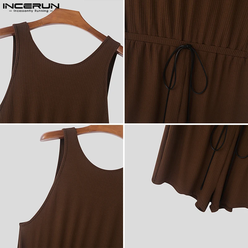 Men Bodysuits Men Jumpsuits INCERUN American Style Men's Homewear Fashion Striped Texture Design Jumpsuits Casual Comfortable Thin Sleeveless Bodysuits