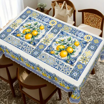 Tovaglia rettangolare con motivo floreale al limone con cuciture per piastrelle, decorazioni per feste, tovaglie estive con fiori di limone blu, decorazioni per la casa 1