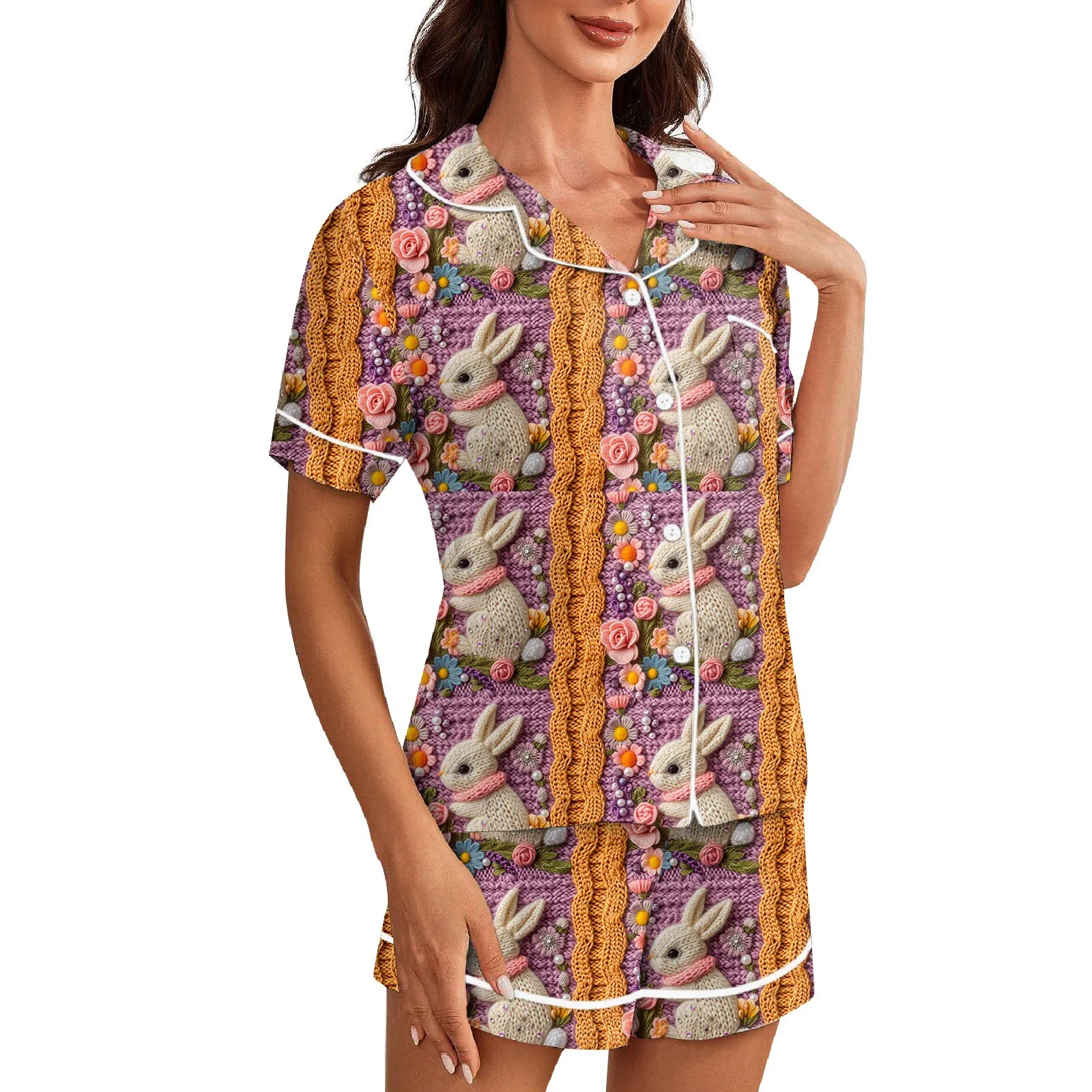 

Women Soft 2 Piece StripeEaster Printed Pajamas Set Short Sleeve Shorts Set Loungewear Sets Pyjamas Nightwear пижама 2024