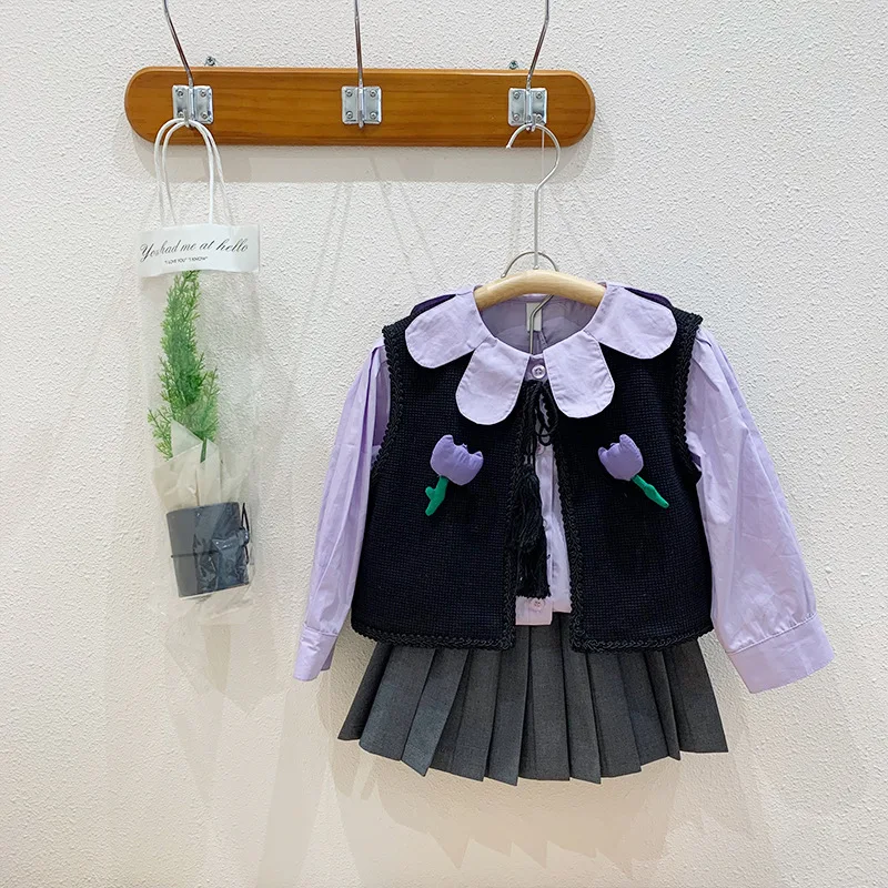 패션 소녀 봄 의류 세트 꽃 아플리케 레이스 업 가디건 보라색 꽃잎 칼라 티셔츠 높은 허리 구슬 주름 치마