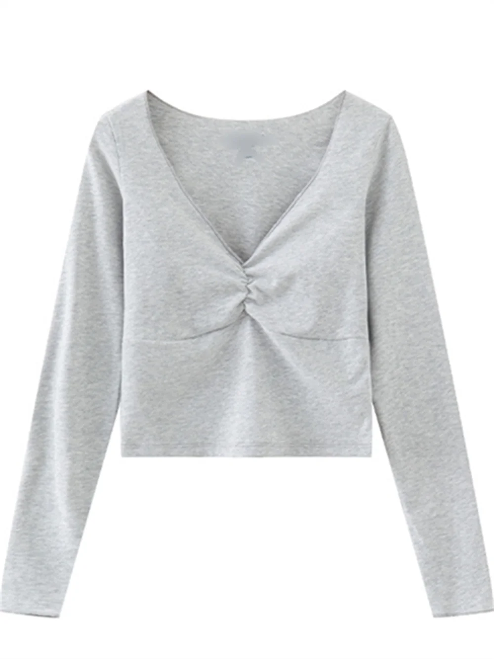 

PUWD V-neck T-Shirt 2023 Ladies Casual Comfortable Fashion Long Sleeves Fold Short Navel Solid Exposed Tee For Women's Tees