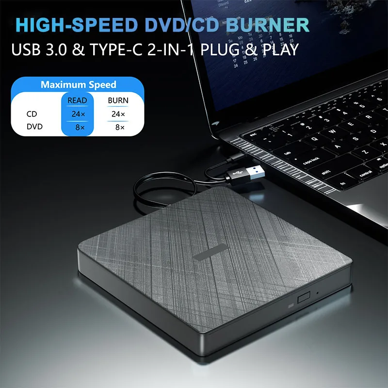 외장 DVD 광학 드라이브, USB 3.0 C 타입 CD DVD RW 플레이어, 라이터 버너 리더, 노트북 PC 윈도우 맥에 적합