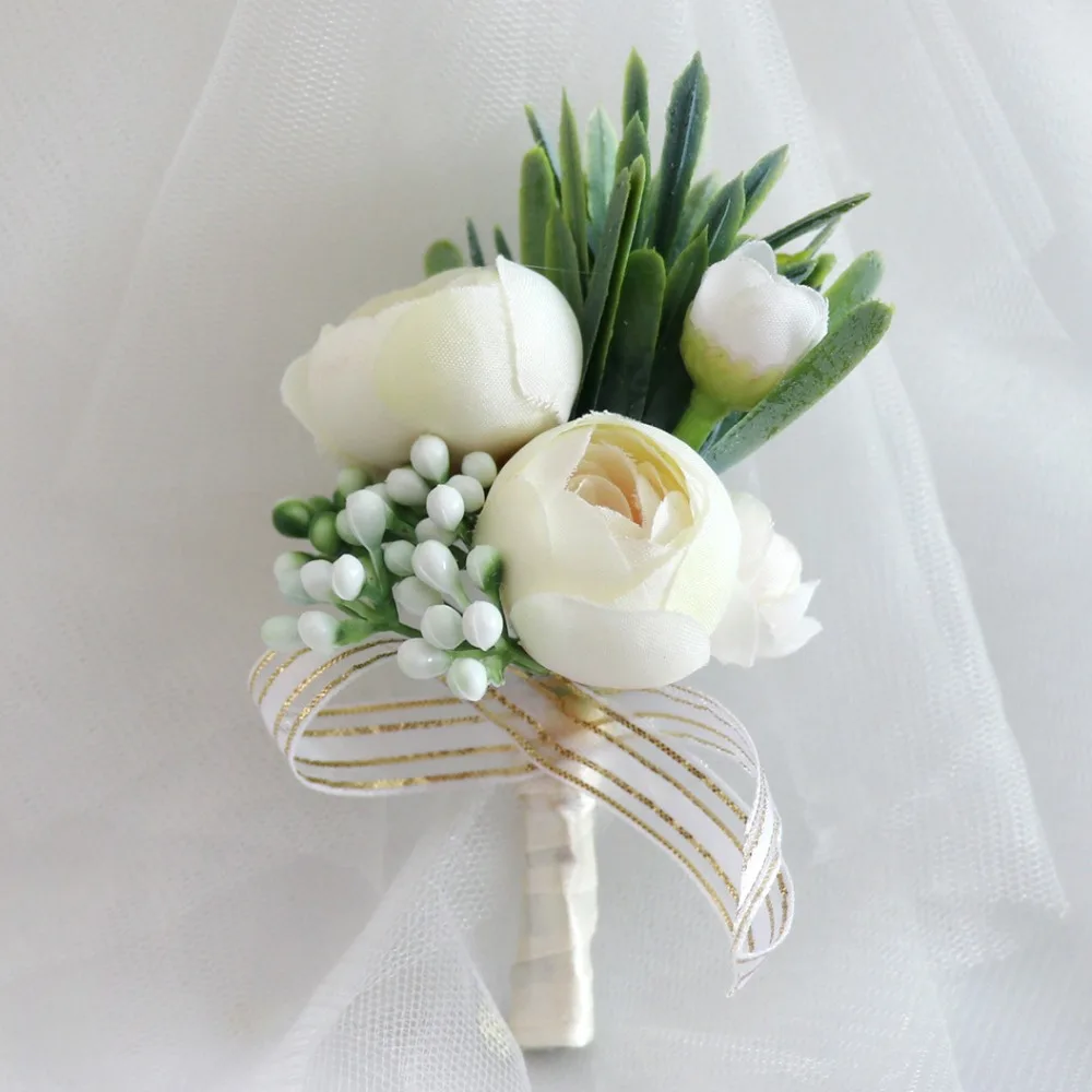 Silk Rose Wedding Boutonnieres for Groom Florals Pins Buttonhole Wedding Decor Accessories Ivory fleurs artificielle mariage