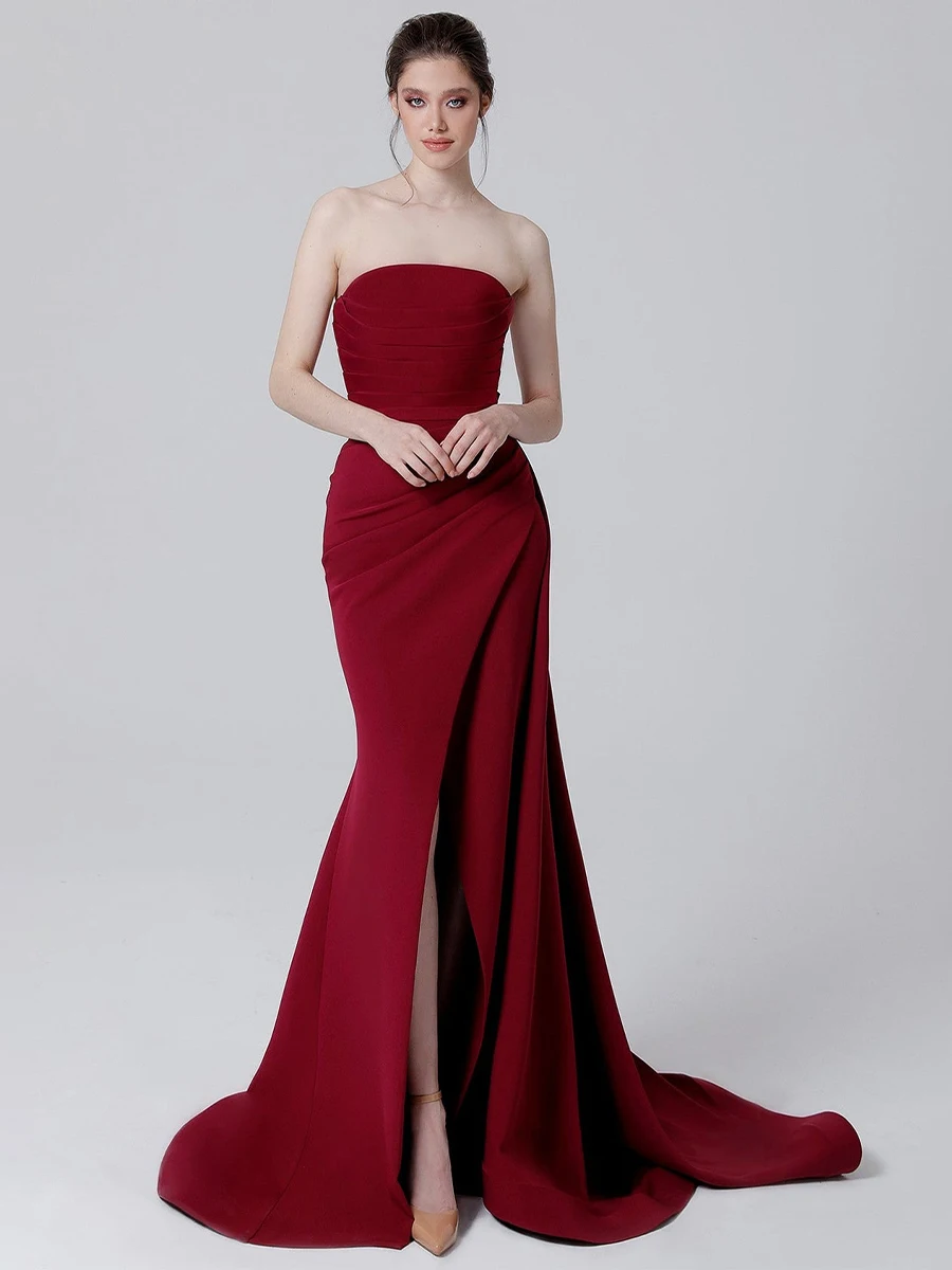 

Mermaid Evening Dresses for Women Burgundy Strapless Slit Elegant Evening Party Gowns Long Sleeveless Draped Simple Prom Dress
