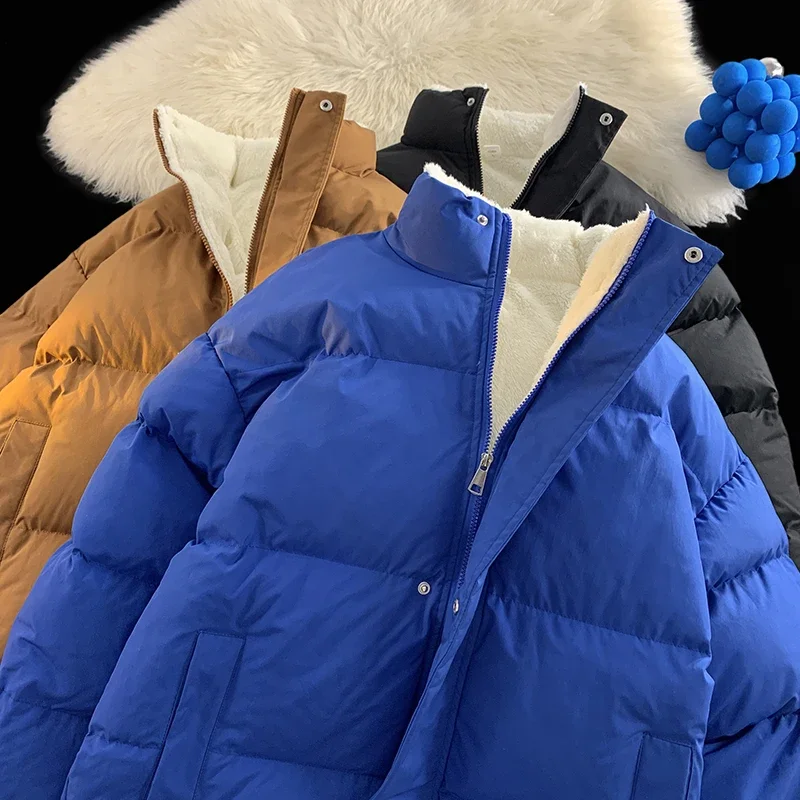 Winter Fleece Coat Warm Parkas Men\'s Women Loose Korean Trendy Solid Color Oversize Coat Thicken Zipper Parka Women Plush Jacket