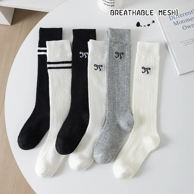 Girls Cotton Socks 2025 Summer Long Socks Children Bow Cute Solid Mesh Breathable Thigh Socks