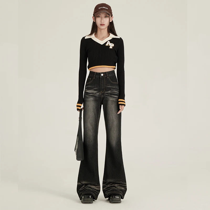Jeans Women's Washed Cotton American Retro High Street Black Gray Horn Autumn Winter Fleece-Lined Loose Slimming Flared Trousers