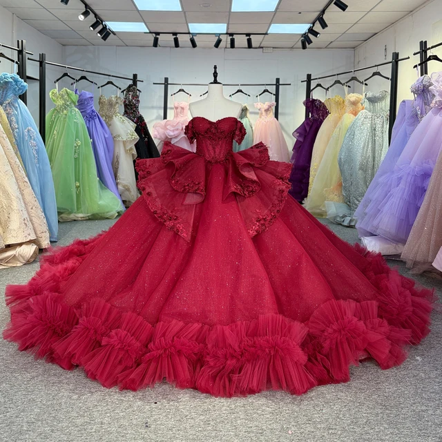Red Quinceanera Dresses Off Shoulder Flower Rojo Evening Dresses Lace Sweet 16 Vestidos De Quinceanera Customized 6849 3