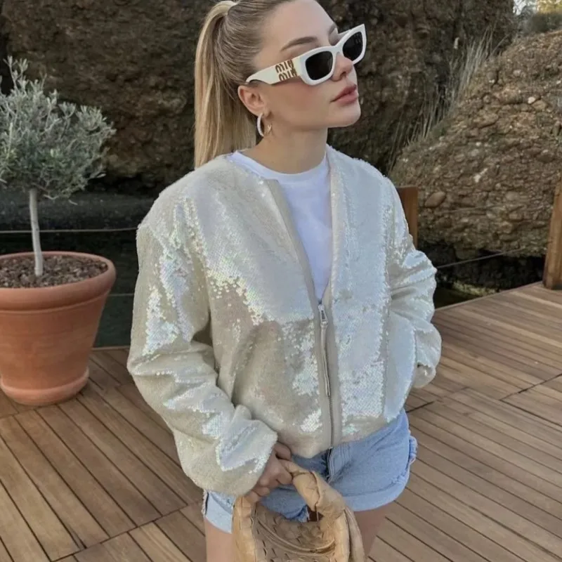 

Женская Повседневная куртка, осень/зима, женская новая мотоциклетная куртка-пилот с блестками, Женская бейсбольная куртка