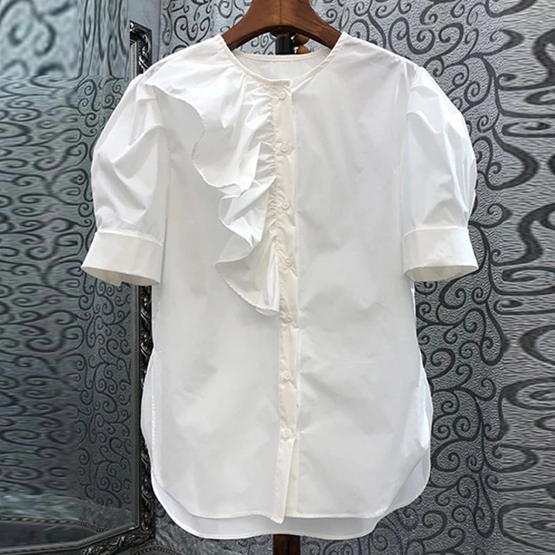 

French Ruffle Edge Spliced Bubble Sleeve Shirt Blouse for Women's 2023 Summer Slim Shirt Top White