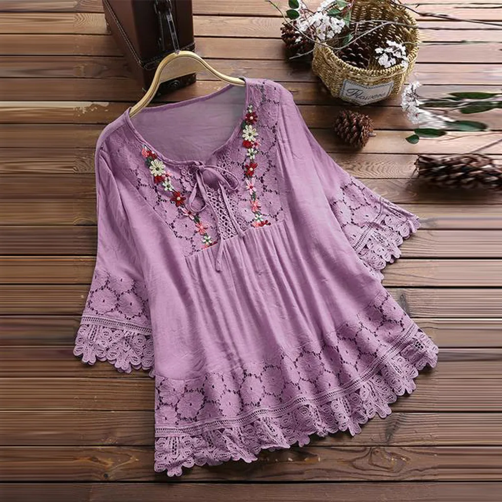 

Women Lace Patchwork Bow Blouses Three-quarters Sleeves Shirt plus size women clothing Solid Vintage O-Neck Female Fashion shirt