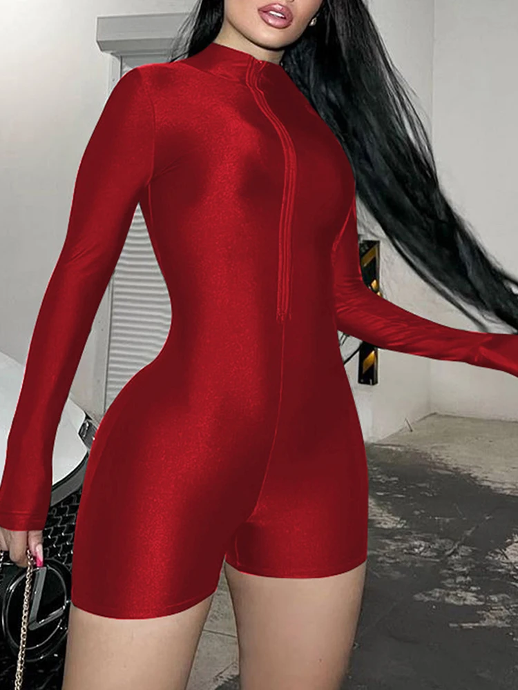 Hugcitar Solid Turtleneck Long Sleeve Zip Up Sexy Slim Skinny One Piece Playsuit 2024 Fall Women Fashion Streetwear Party Romper 4