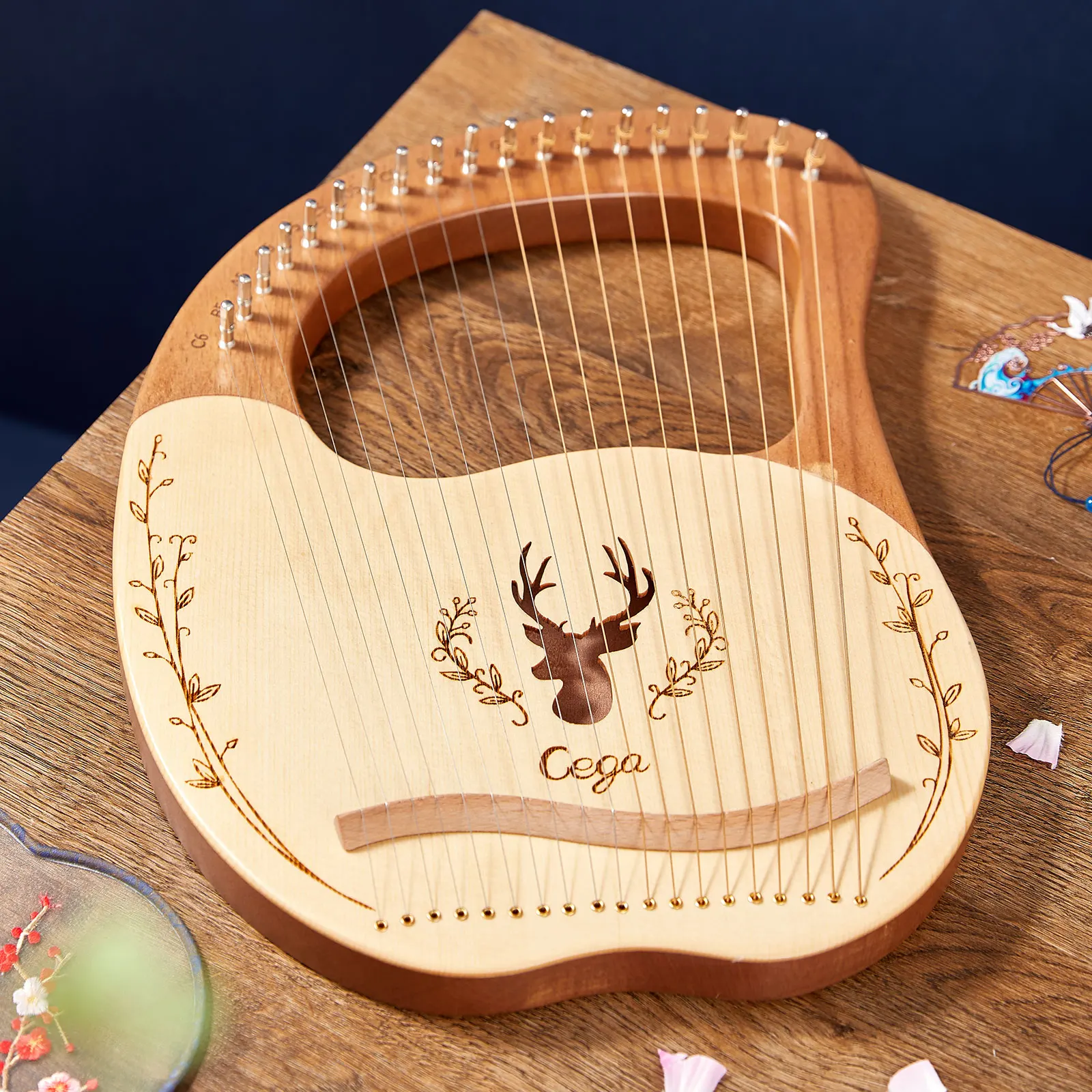 19-String Wooden Lyre Harp Resonance Box String Instrument with Tuning Wrench 3pcs Picks Sticker Extra Set of Strings Instrument