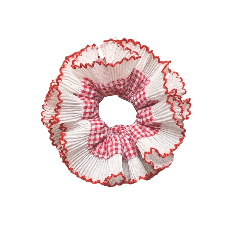 Fashion Double Lace Lace Trim Hair Scrunchies Pink Plaids Cotton Hair Ties Women Ponytail Hair Bands Large Rope