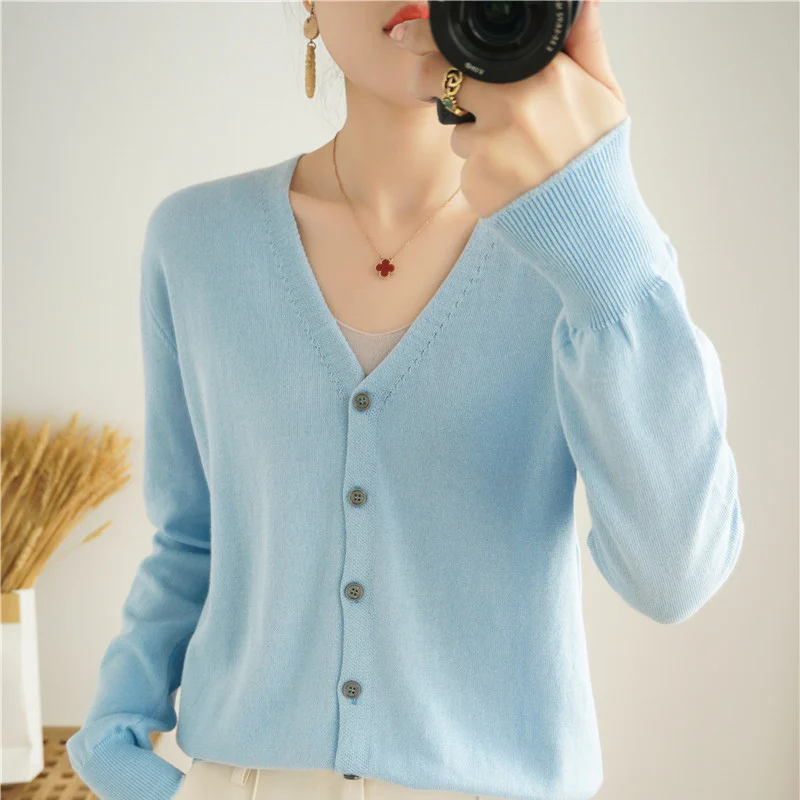 Autumn And Winter Women's V-neck Knitted Sweater 100% Knitted Long Staple Cotton Cardigan Basic Classic Korean Versatile Top SMY 3