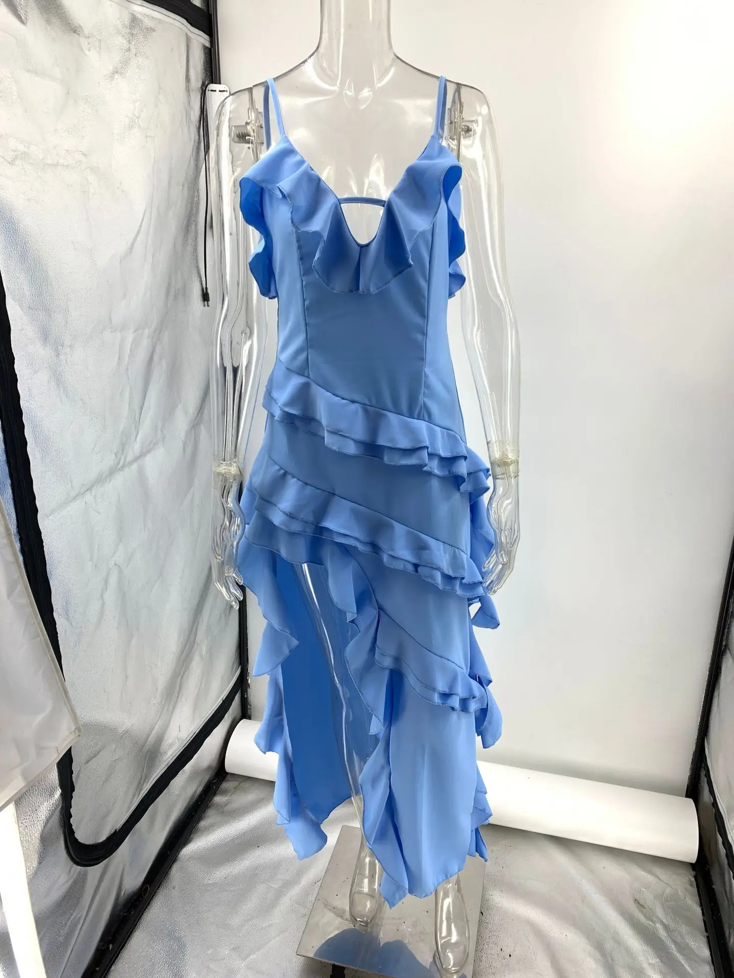 blue yule ball dress Periwinkle Chiffon Ruched Mermaid Ruffle Prom Dress – Ohmollydress main image 1